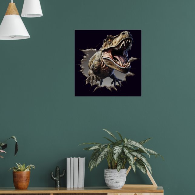 Affiche de dinosaure T-Rex effrayante brisant un m (Salon 1)