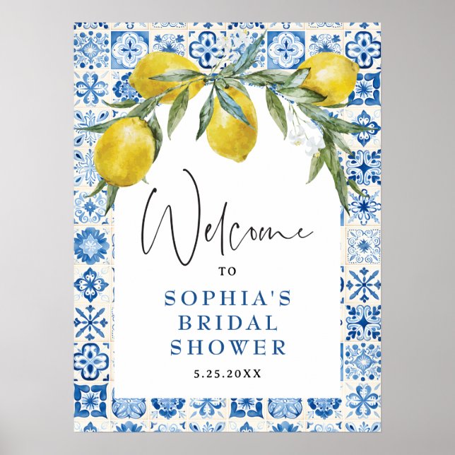 Affiche de douche de mariée en carrelage bleu médi (Devant)