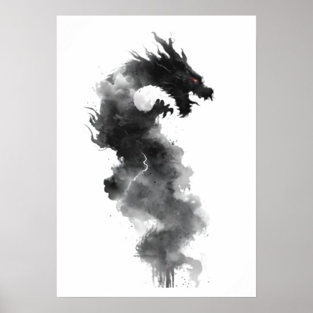 Affiche de dragon de fantaisie à encre noire abstr (Devant)