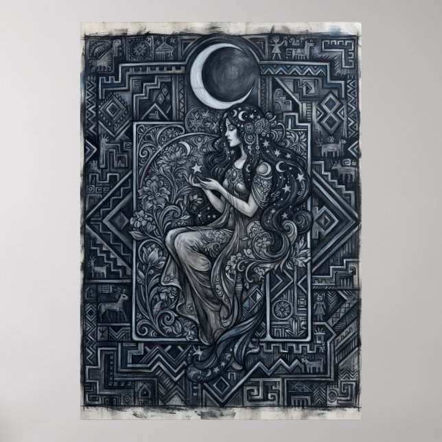 Affiche de femme à la lune monochrome (Devant)