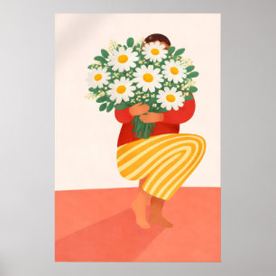 Affiche de femme au bouquet de marguerites, floral