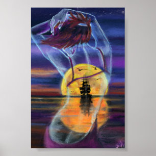 Affiche de femme au coucher de soleil sur la mer