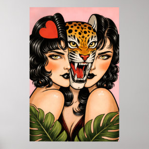 Affiche de femme au tigre, art mural de style tato