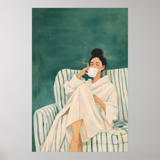 Affiche de femme buvant du café, matinée cosy (Devant)