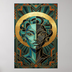 Affiche de femme cubiste Art déco doré et sarcelle