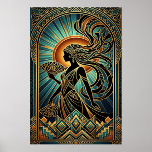 Affiche de femme Flapper Art déco en or et sarcell