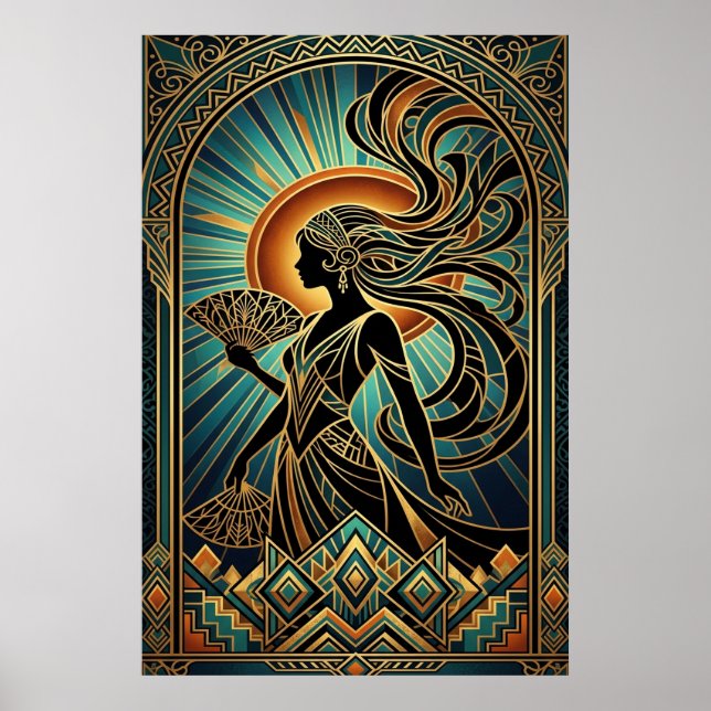 Affiche de femme Flapper Art déco en or et sarcell (Devant)