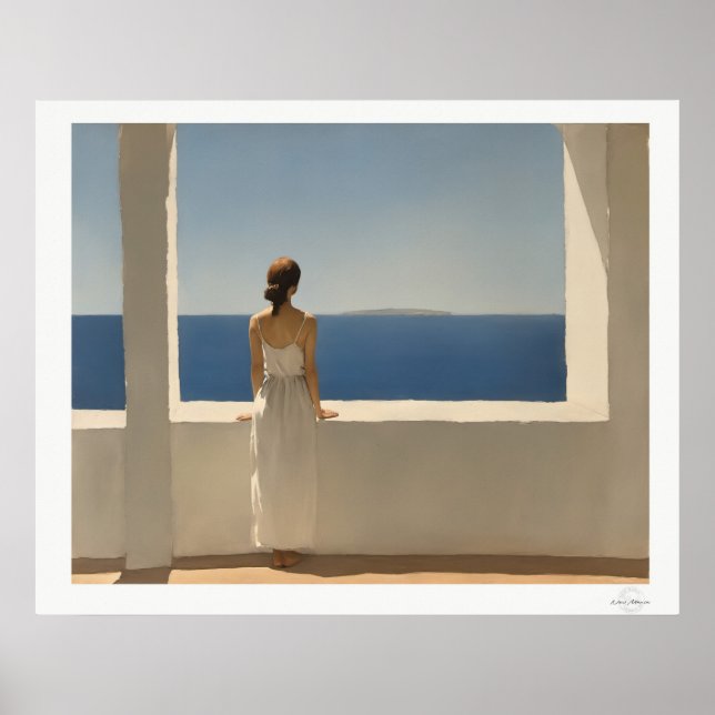 Affiche de femme sur terrasse surplombant la mer (Devant)