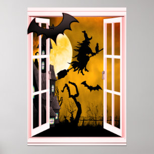 Affiche de fenêtre silhouette de sorcière Hallowee