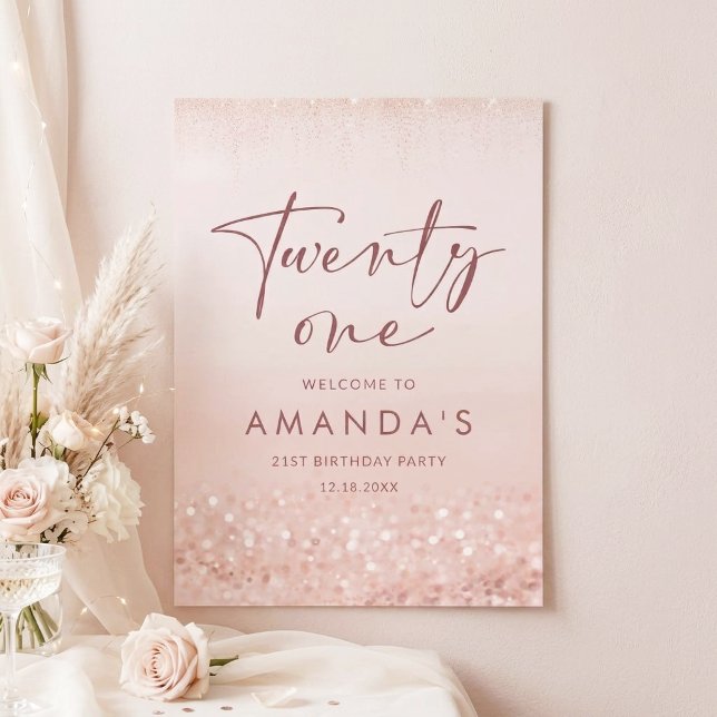 Affiche de fête d'anniversaire 21 ans pailletée or (Rose Gold Glitter 21st Birthday Party Poster)