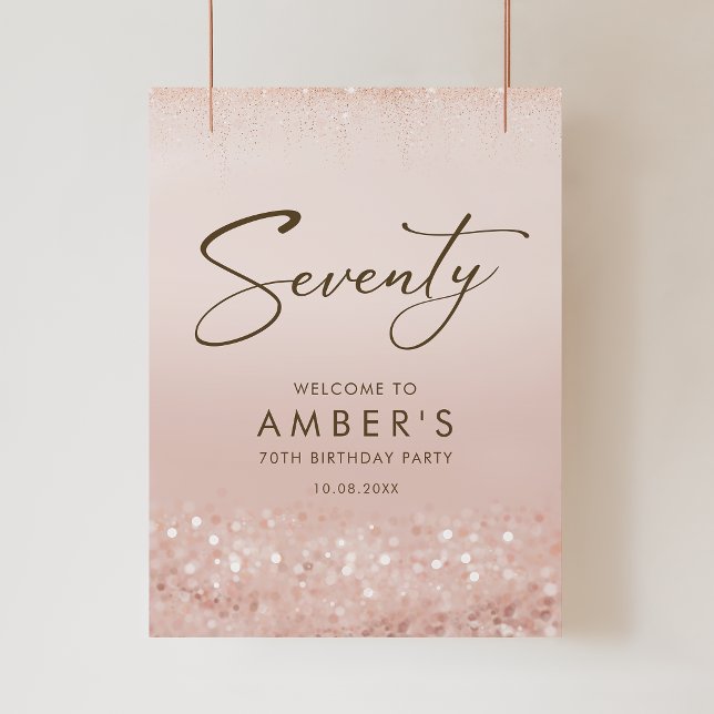 Affiche de fête d'anniversaire 70 ans pailletée or (Rose Gold Glitter 70th Birthday Party Poster)