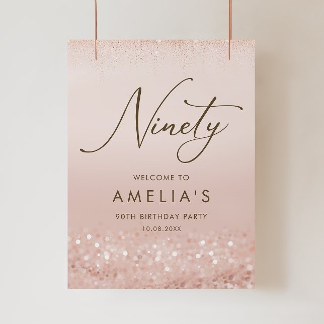 Affiche de fête d'anniversaire 90 ans pailletée or (Rose Gold Glitter 90th Birthday Party Poster)