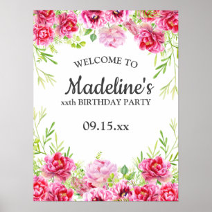 Affiche de fête d'anniversaire à fleurs roses et v