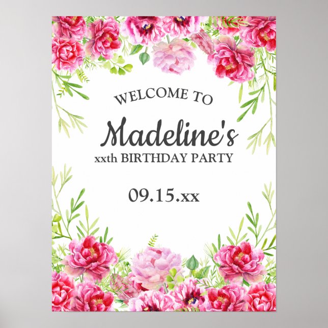 Affiche de fête d'anniversaire à fleurs roses et v (Devant)