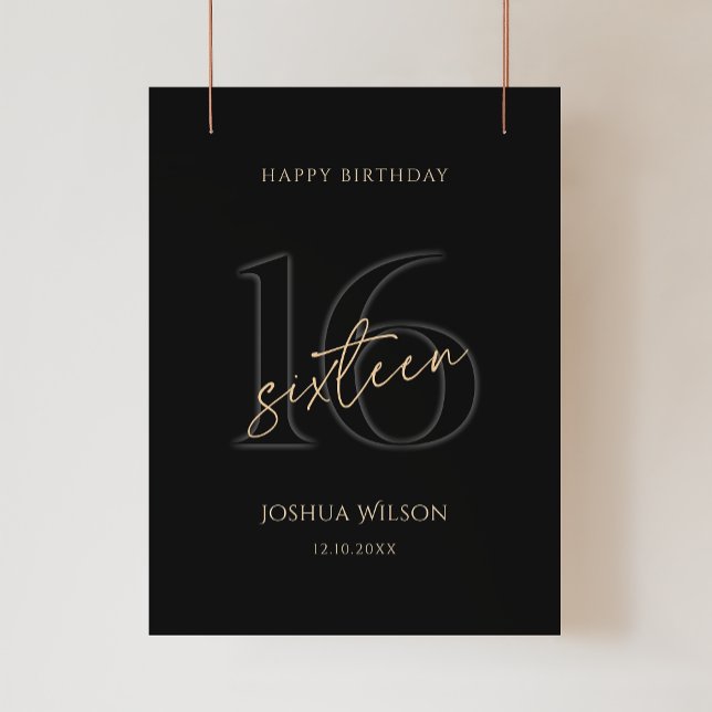 Affiche de fête d'anniversaire des 16 ans Modern B (Modern Black Gold 16th Birthday Party Poster)