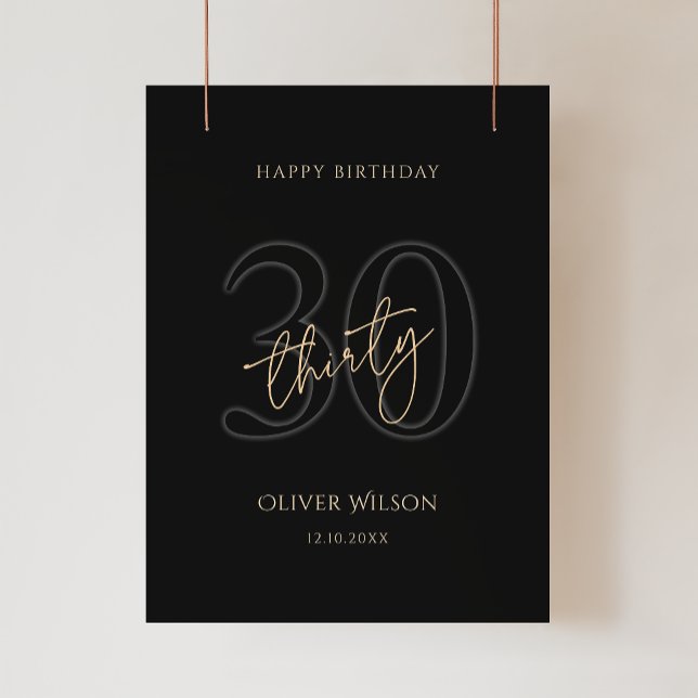 Affiche de fête d'anniversaire des 30 ans de Black (Modern Black Gold 30th Birthday Party Poster)