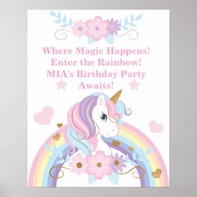 Affiche de fête d'anniversaire licorne arc-en-ciel (Devant)