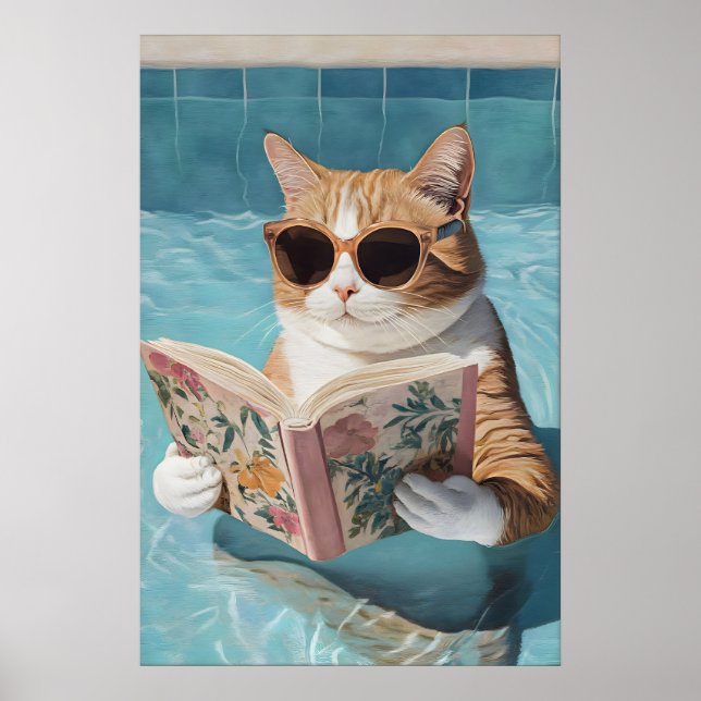 Affiche de fête de chat drôle dans une piscine Sal (Devant)