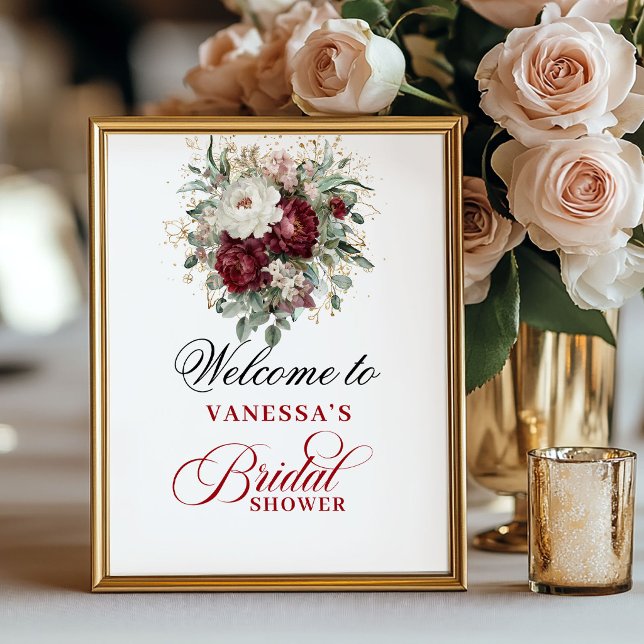Affiche de Fête de Mariage Burgundy Rouge Profond  (Deep Red Blush Burgundy Bridal Shower Poster)