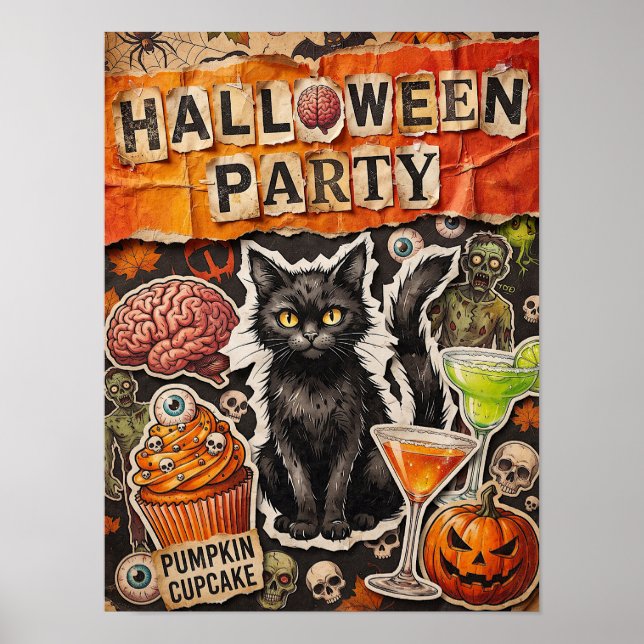 Affiche de fête d'Halloween avec chat noir (Devant)