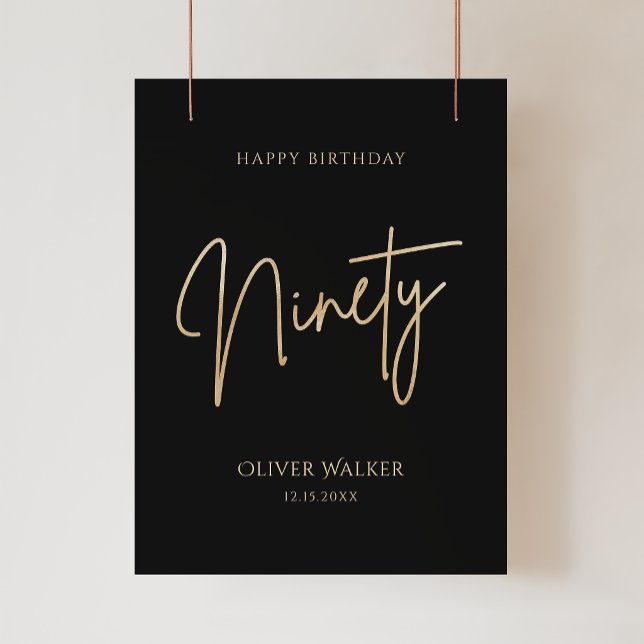 Affiche de fête pour 90e anniversaire Elegant Blac (Elegant Black Gold 90th Birthday Party Poster)