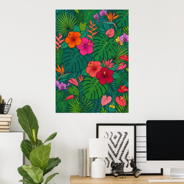 Affiche de feuilles de jungle botanique d'Hibiscus (Bureau à domicile)