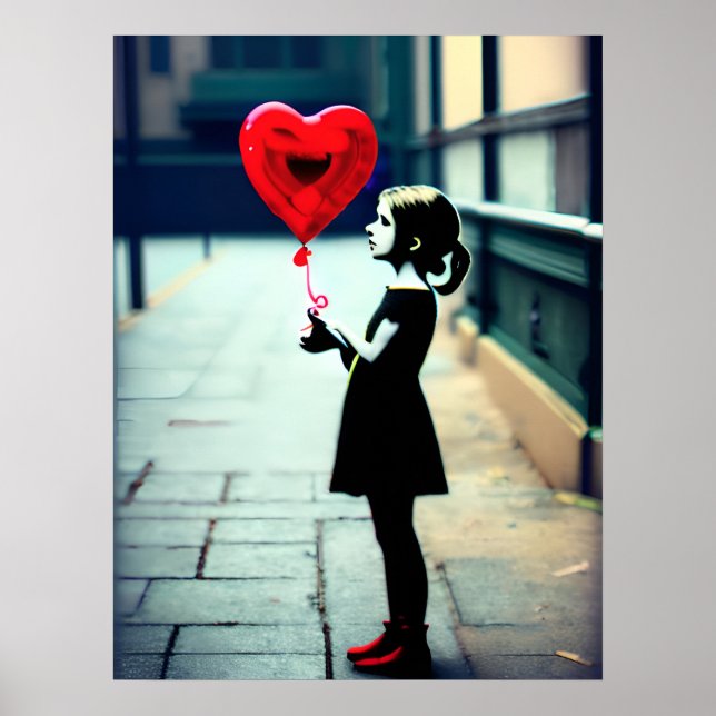 Affiche de fille avec ballon rouge en forme de cœu (Devant)