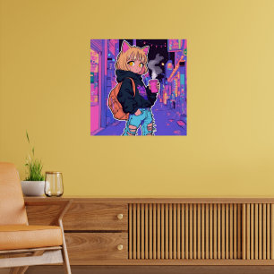 Affiche de fille chat cyberpunk – Esthétique néon