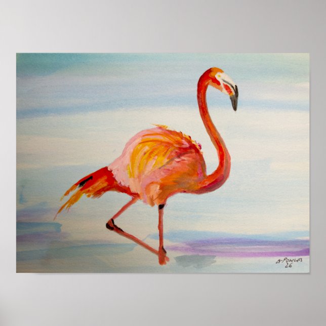 Affiche de Flamant Rose Tropical à l'aquarelle (Devant)