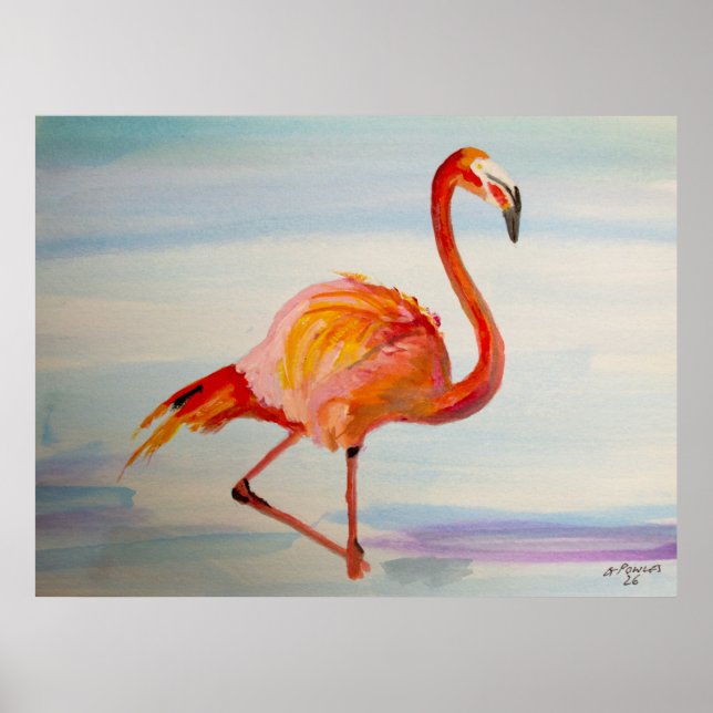 Affiche de Flamant Rose Tropical à l'aquarelle (Devant)