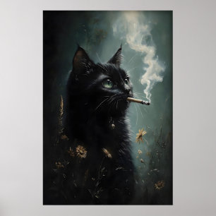 Affiche de fleur de chat noir fumant, Dark Academi