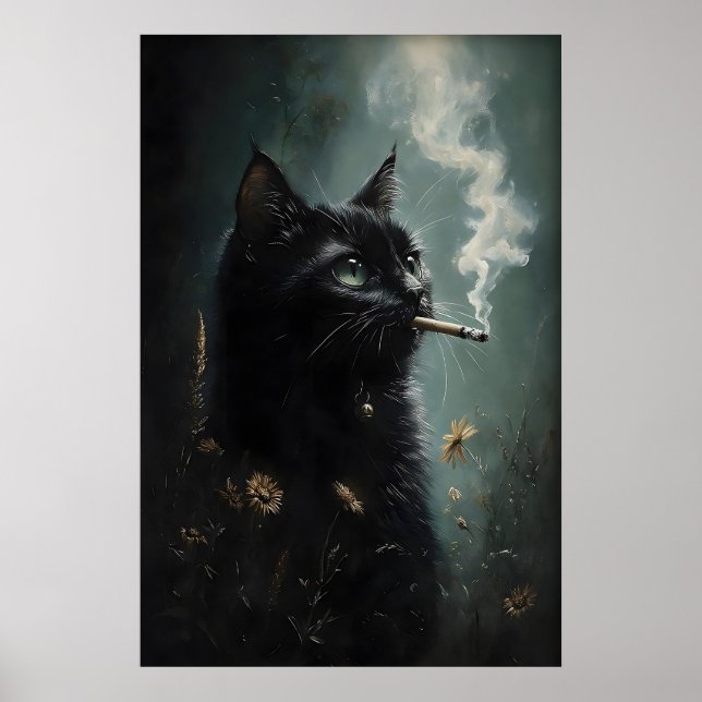 Affiche de fleur de chat noir fumant, Dark Academi (Devant)