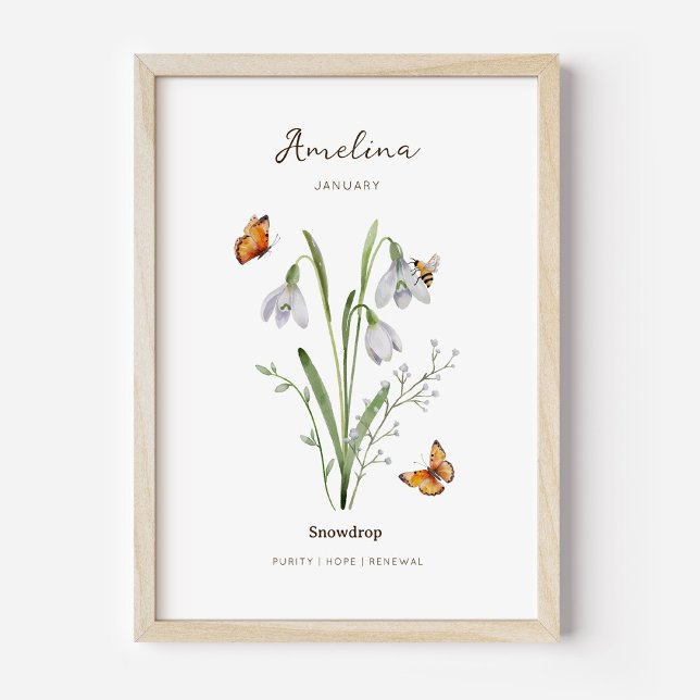 Affiche de fleur de mois de naissance de perce-nei (Example of snowdrop birth flower poster once framed. )