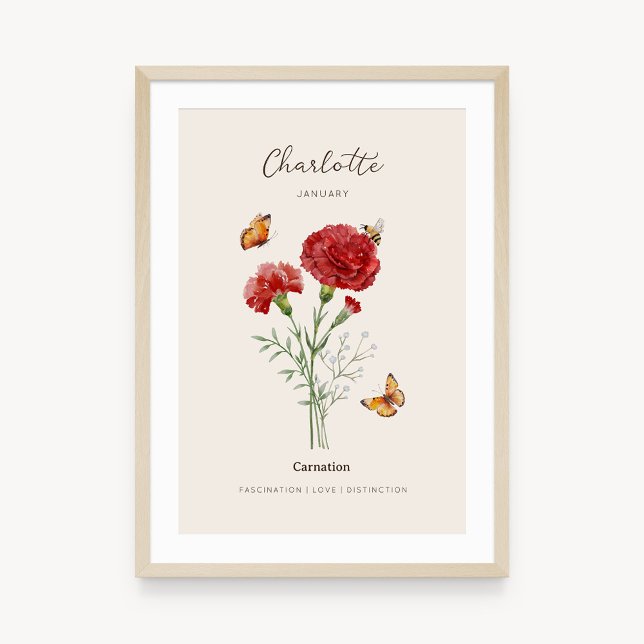 Affiche de fleur de naissance Carnation (Example of carnation birth flower poster once framed. )