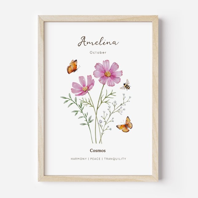 Affiche de fleur de naissance Cosmos (Example of cosmos birth flower poster once framed. )