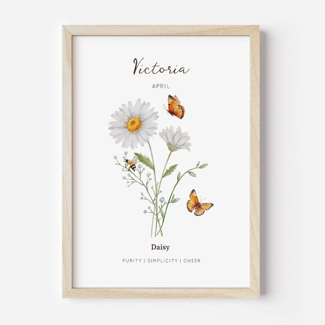 Affiche de fleur de naissance Daisy (Example of daisy birth flower poster once framed. )