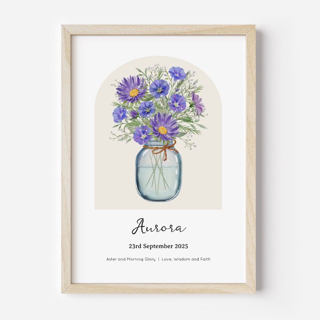 Affiche de fleur de naissance d'Aster et de Volubi (Personalised September Birth Month Flower Bouquet in Vase Poster | Aster and Morning Glory.)