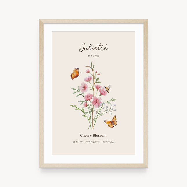 Affiche de fleur de naissance de cerisier en fleur (Example of cherry blossom birth flower poster once framed. )