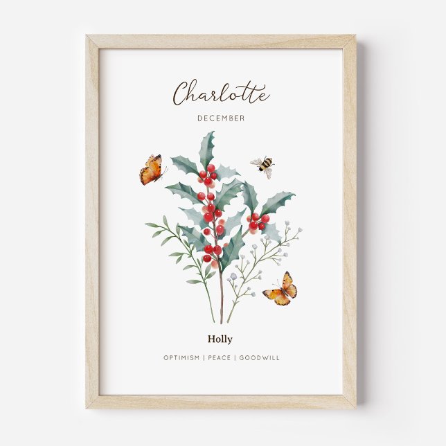 Affiche de fleur de naissance de houx (Example of holly birth flower poster once framed. )
