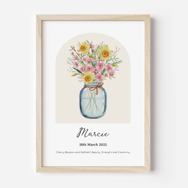 Affiche de fleur de naissance de jonquille de fleu (Personalised March Birth Month Flower Bouquet in Vase Poster | Cherry Blossom and Daffodil.)