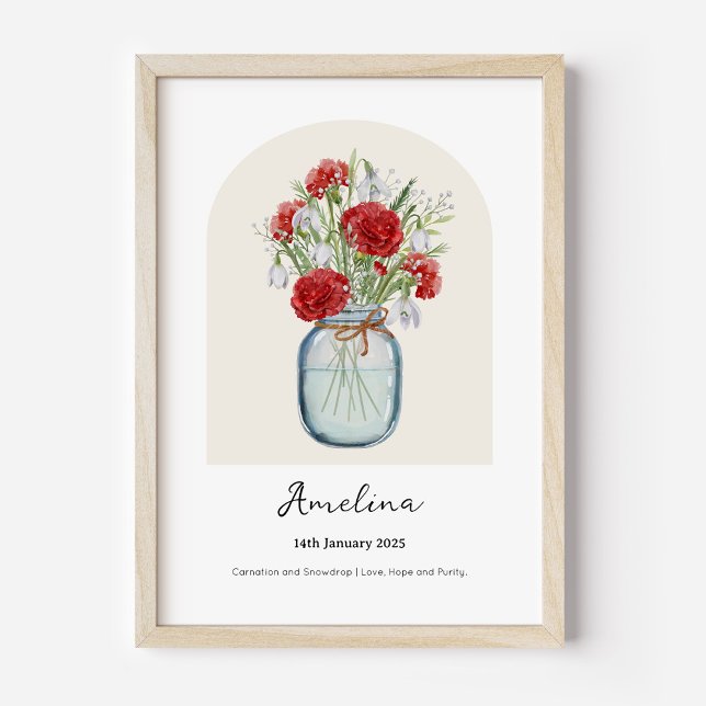 Affiche de fleur de naissance de mois de l'œillet  (Personalised January Birth Month Flower Bouquet in Vase Poster | Carnation and Snowdrop.)