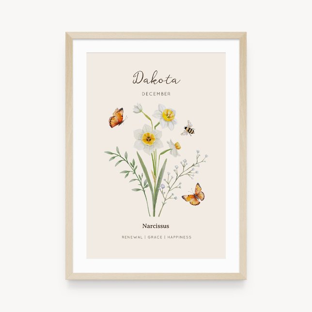 Affiche de fleur de naissance de Narcisse (Example of narcissus birth flower poster once framed. )