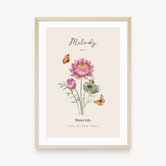 Affiche de fleur de naissance de nénuphar (Example of water lily birth flower poster once framed. )