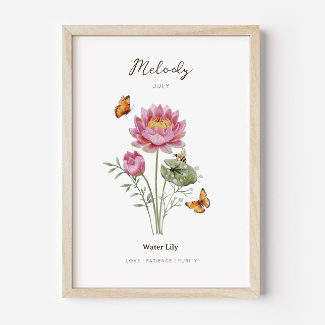 Affiche de fleur de naissance de nénuphar (Example of water lily birth flower poster once framed. )