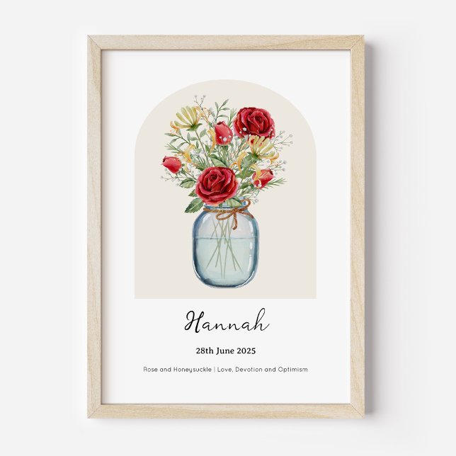 Affiche de fleur de naissance de Rose Chèvrefeuill (Personalised June Birth Month Flower Bouquet in Vase Poster | Rose and Honeysuckle.)