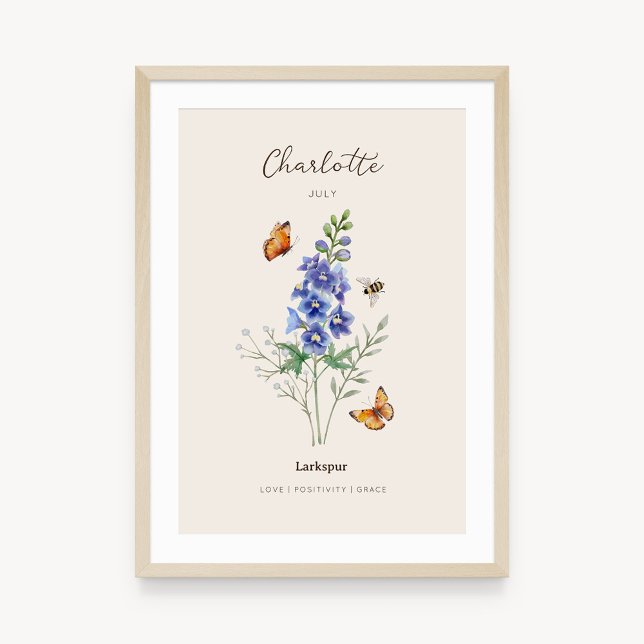Affiche de fleur de naissance Delphinium (Example of larkspur birth flower poster once framed. )