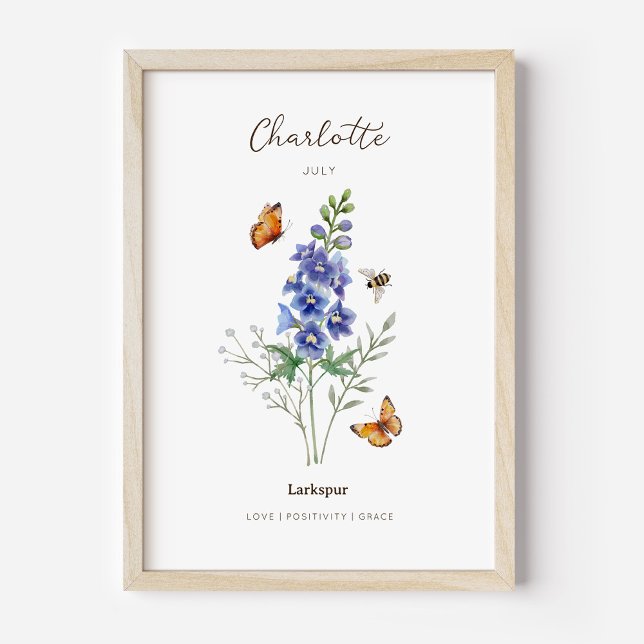 Affiche de fleur de naissance Delphinium (Example of larkspur birth flower poster once framed. )