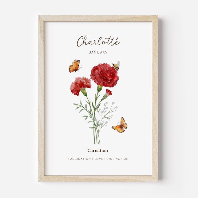 Affiche de fleur de naissance d'œillet (Example of carnation birth flower poster once framed. )