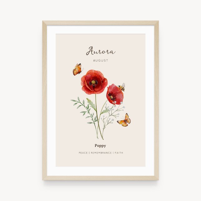 Affiche de fleur de naissance du Coquelicot (Example of poppy birth flower poster once framed. )