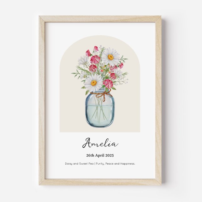 Affiche de fleur de naissance du mois de pois de s (Personalised April Birth Month Flower Bouquet in Vase Poster | Daisy and Sweet Pea.)